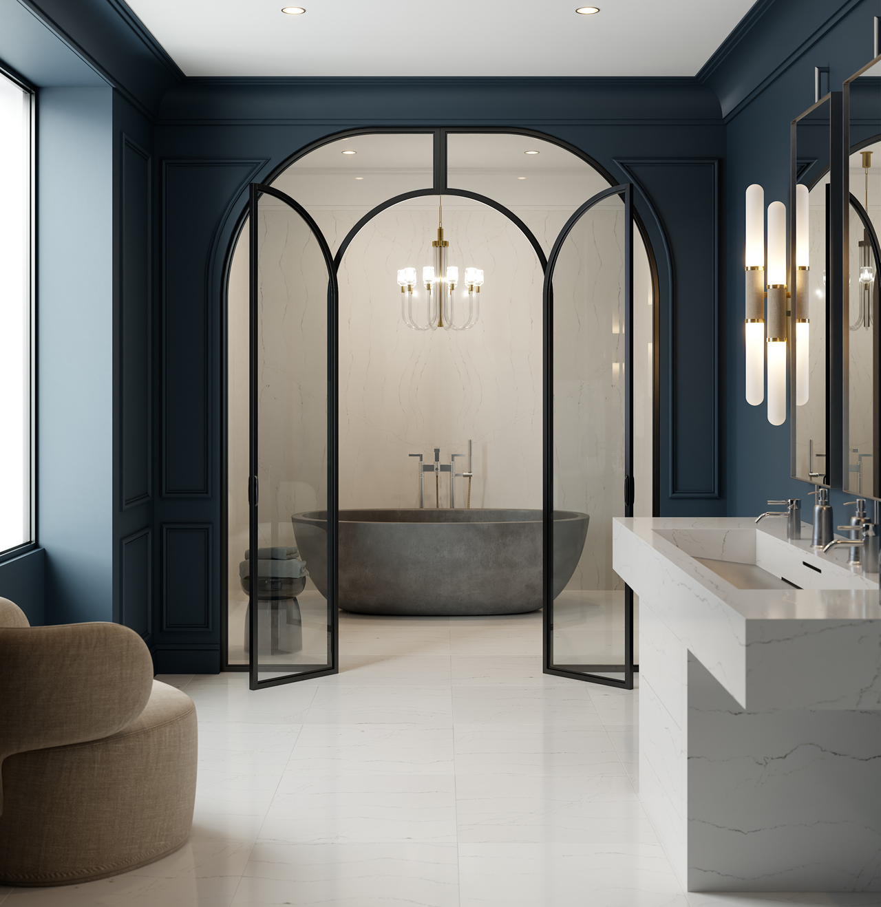 Bathroom with a refined stone tub surround