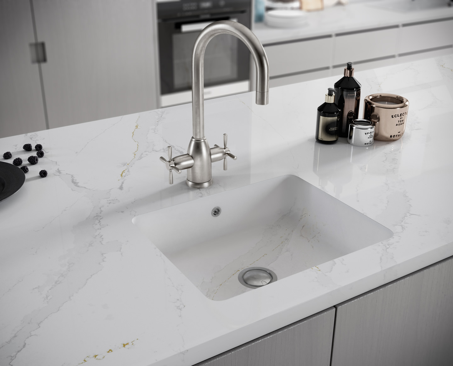 Bathroom vanity with an integrated basin and wall-mounted faucet