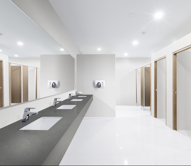 Wilsonart Wetwall panels in a contemporary washroom