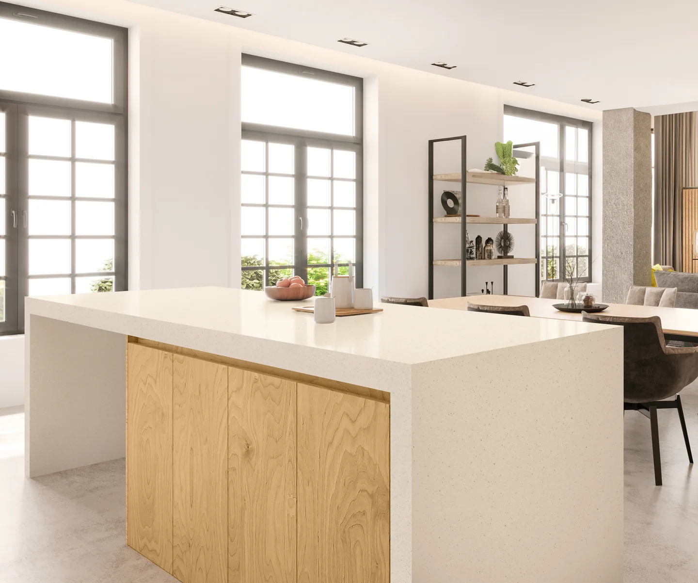 Bright kitchen with a pale solid surface island